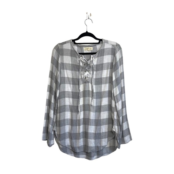 Cloth & Stone Gray & White Buffalo Plaid Lace-up Plush Top Small Women’s - Picture 1 of 10